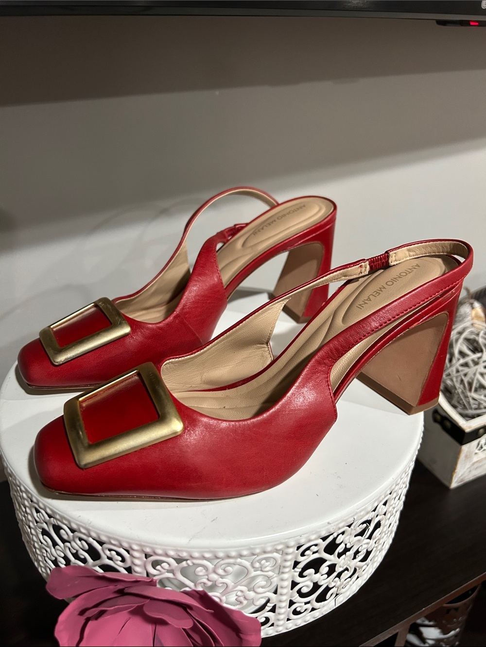 Antonio Maurizi Red Leather Slingback Pumps with Bold Gold Buckle